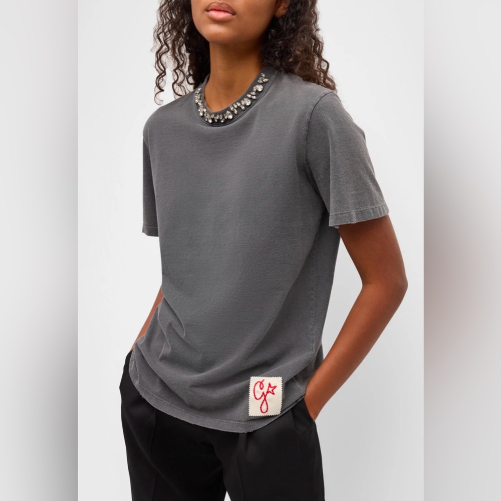 New Season S/S 25 Golden Goose Distressed Crystal Embroidered Crewneck Tee